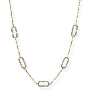 Gold chain necklace with rectangular links on a white background