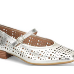 Silver perforated shoe with a brown heel on a white background