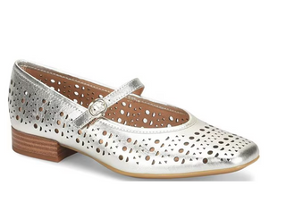Silver perforated shoe with a brown heel on a white background