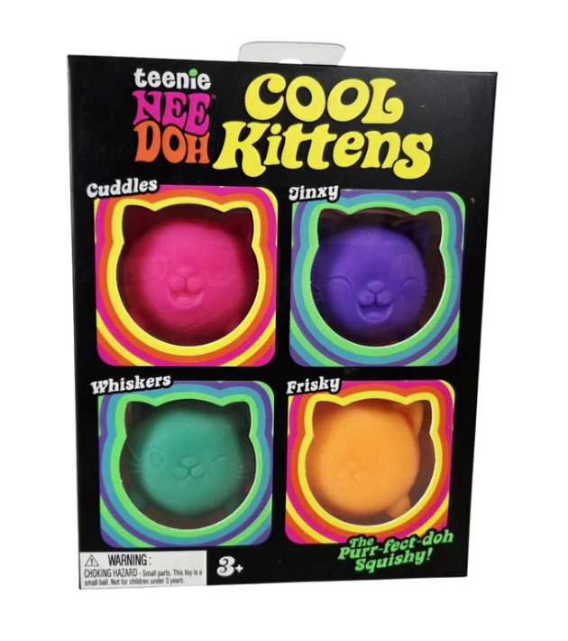 Box of Teenie Nee Doh Cool Kittens with colorful cat-shaped toys on a white background