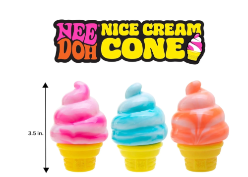 Colorful ice cream cone toys with 'Nee Nice Cream Cone' text and dimensions on a white background