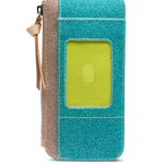 Blue and beige phone case with a green card holder on a white background
