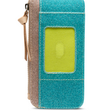 Blue and beige phone case with a green card holder on a white background