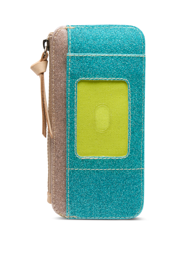 Blue and beige phone case with a green card holder on a white background
