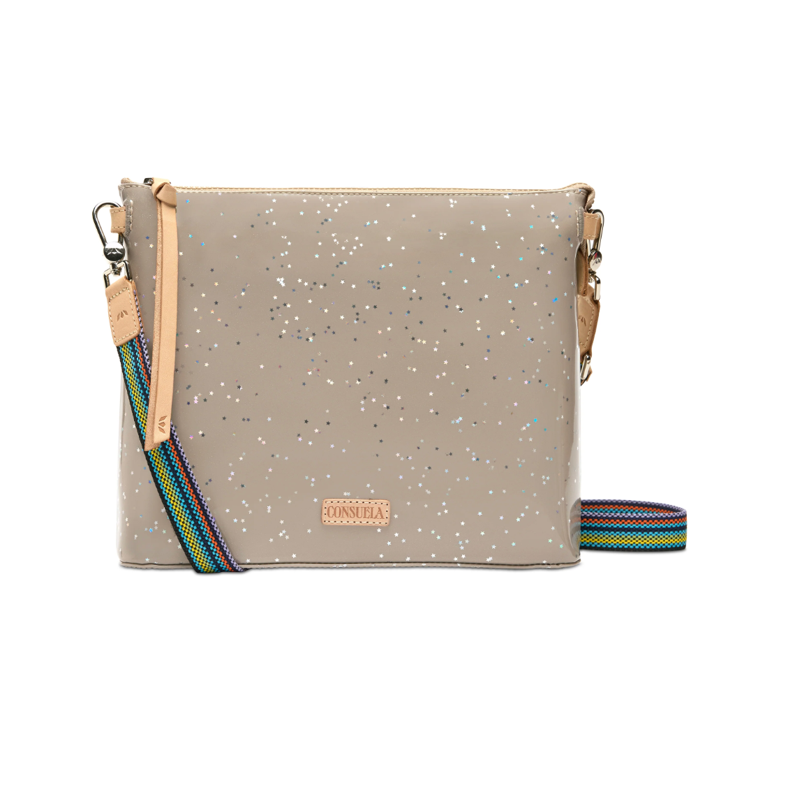 Gray crossbody bag with colorful strap on a white background