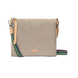 Gray crossbody bag with colorful strap on a white background