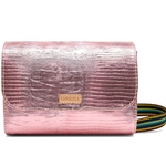 Pink textured handbag with a colorful strap on a white background