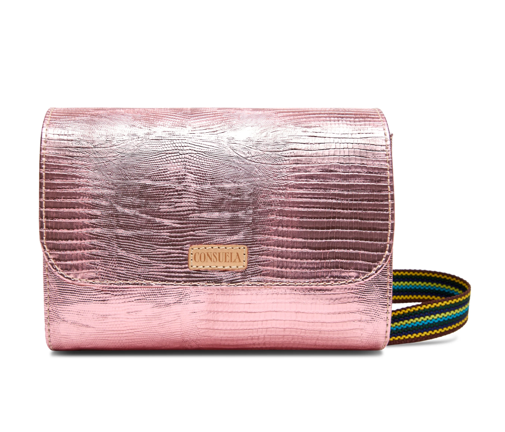 Pink textured handbag with a colorful strap on a white background