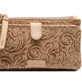 Brown embossed wallet with a strap on a white background