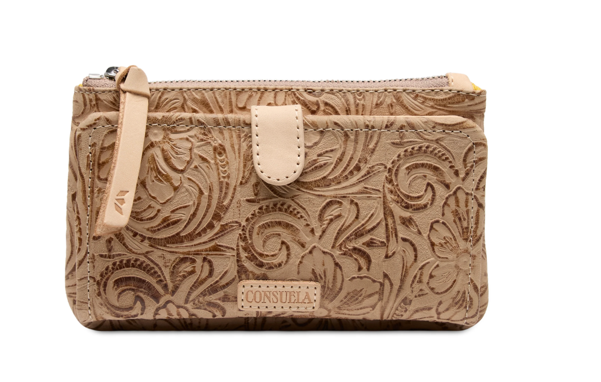 Brown embossed wallet with a strap on a white background