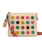 Beige handbag with colorful floral patterns on a white background