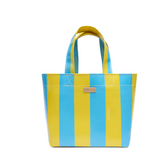 Yellow and blue striped tote bag on a white background
