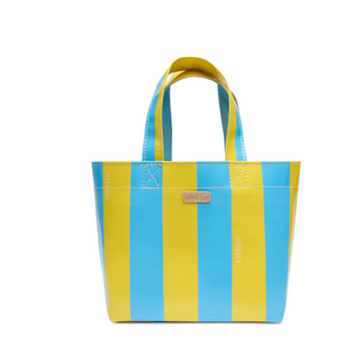 Yellow and blue striped tote bag on a white background