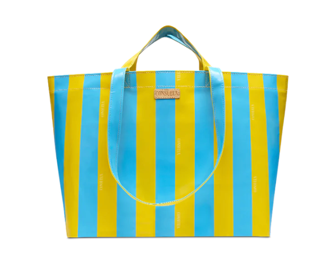 Blue and yellow striped tote bag on a white background