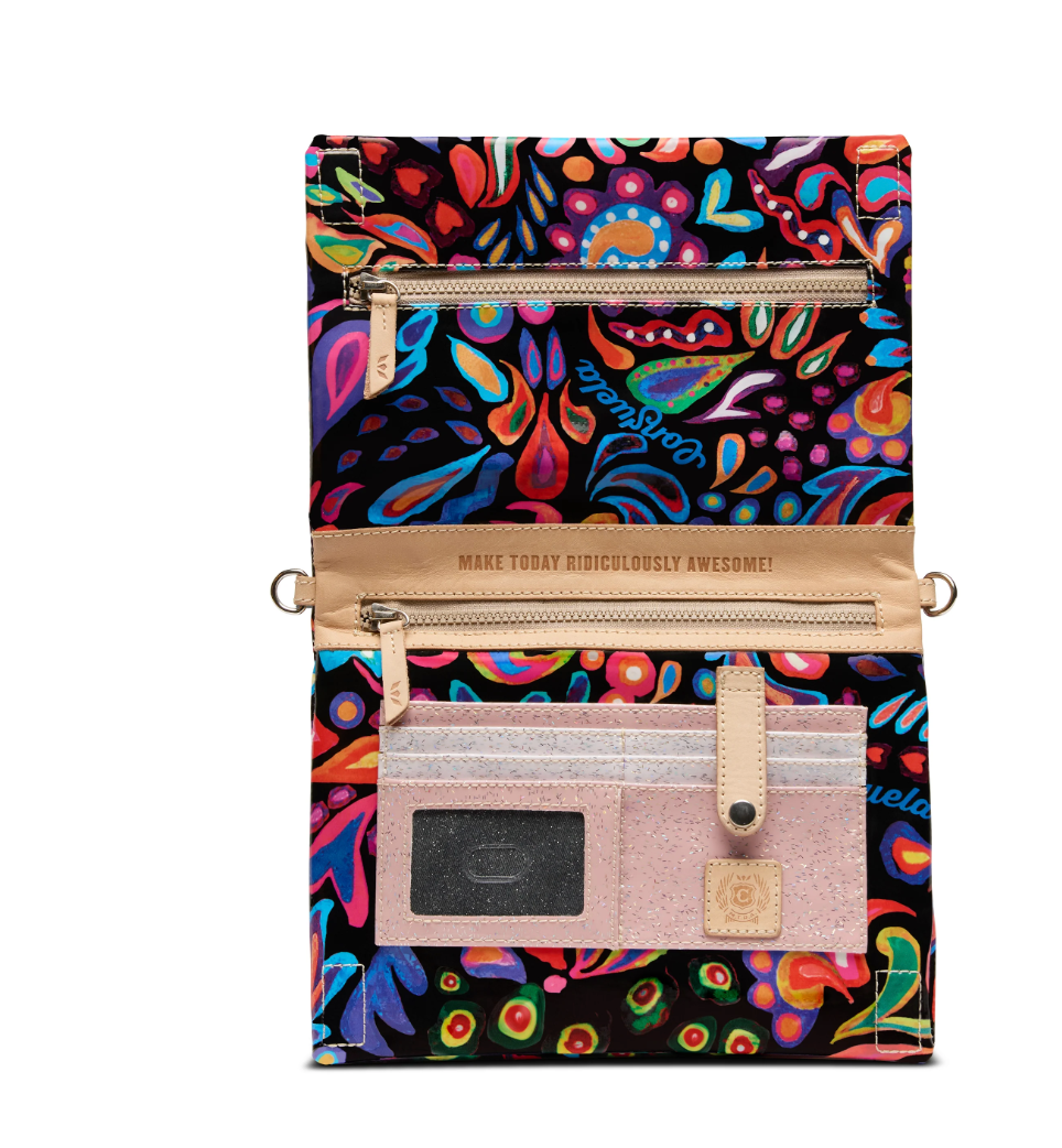 Colorful patterned pouch with a zipper on a white background