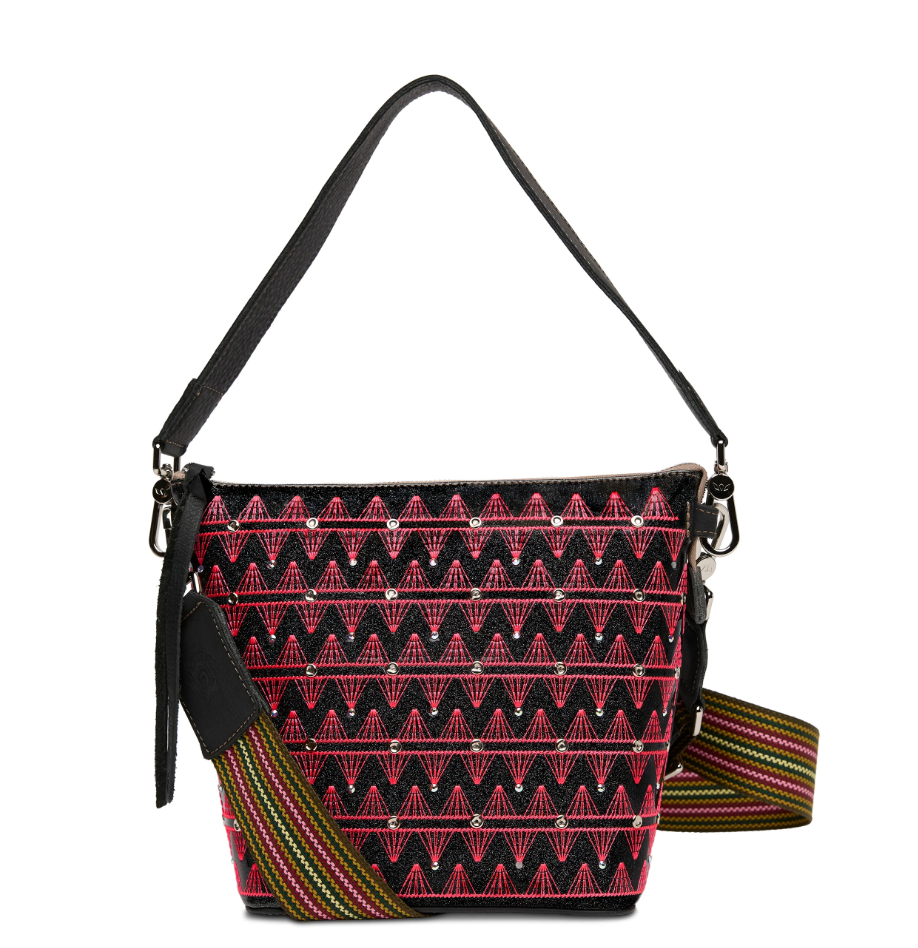 Handbag with a geometric pattern on a white background