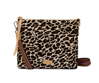 Leopard print bag with a strap on a white background