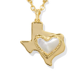 Gold necklace with a pendant shaped like the state of Texas featuring a heart in the center on a white background.