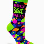 Colorful sock with text and polka dot pattern on a white background