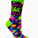 Colorful sock with text and polka dot pattern on a white background