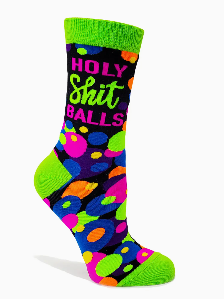 Colorful sock with text and polka dot pattern on a white background