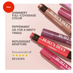 Burt's Bees lip products on a light pink background with product names and features listed.