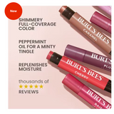 Burt's Bees lip products on a light pink background with product names and features listed.