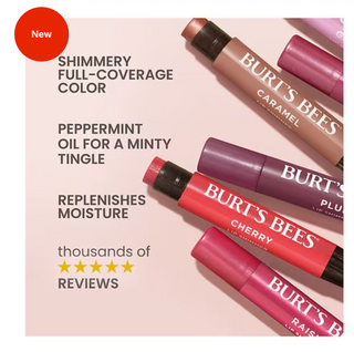 Burt's Bees lip products on a light pink background with product names and features listed.