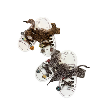 Pair of sandals with leopard print straps on a white background