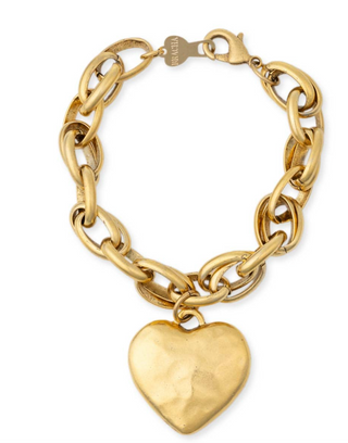 Gold chain bracelet with a heart-shaped padlock charm on a white background