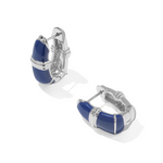 A pair of silver hoop earrings with curved dark blue enamel inlays, shown on a clean white background.
