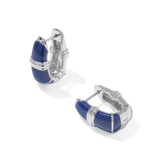A pair of silver hoop earrings with curved dark blue enamel inlays, shown on a clean white background.