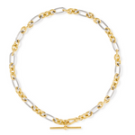 A two-tone chain necklace featuring alternating yellow gold and silver-colored oval links, with a matching yellow gold toggle clasp at the bottom, displayed on a clean white background.