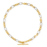 A two-tone chain necklace featuring alternating yellow gold and silver-colored oval links, with a matching yellow gold toggle clasp at the bottom, displayed on a clean white background.