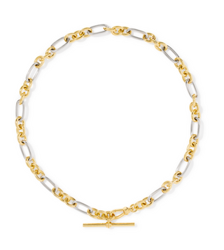 A two-tone chain necklace featuring alternating yellow gold and silver-colored oval links, with a matching yellow gold toggle clasp at the bottom, displayed on a clean white background.