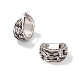 A pair of silver hoop earrings with detailed animal and floral engravings, shown on a clean white background.