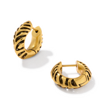 A pair of gold huggie hoop earrings with a textured, ribbed openwork design, displayed on a clean white background.