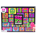 A colorful 'Nee Doh Advents' 24-day squish toy box with a hand holding a pink squishy toy, set against a plain white background.