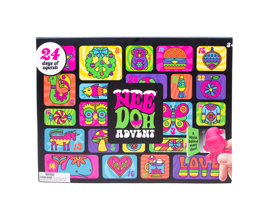 A colorful 'Nee Doh Advents' 24-day squish toy box with a hand holding a pink squishy toy, set against a plain white background.