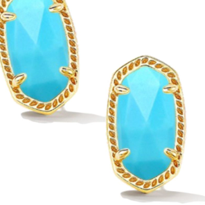 Turquoise earrings with gold frames on a white background