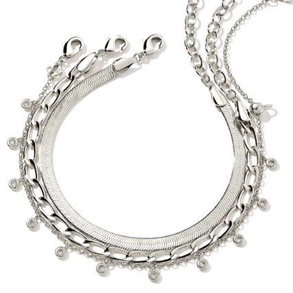 Silver necklace with a textured chain and small beads on a white background