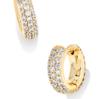 Gold hoop earrings with clear gemstones on a white background