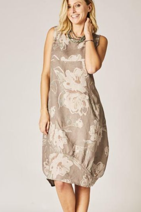 Woman wearing a floral dress against a plain background