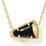 Gold necklace with a black pendant on a white background