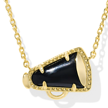 Gold necklace with a black pendant on a white background