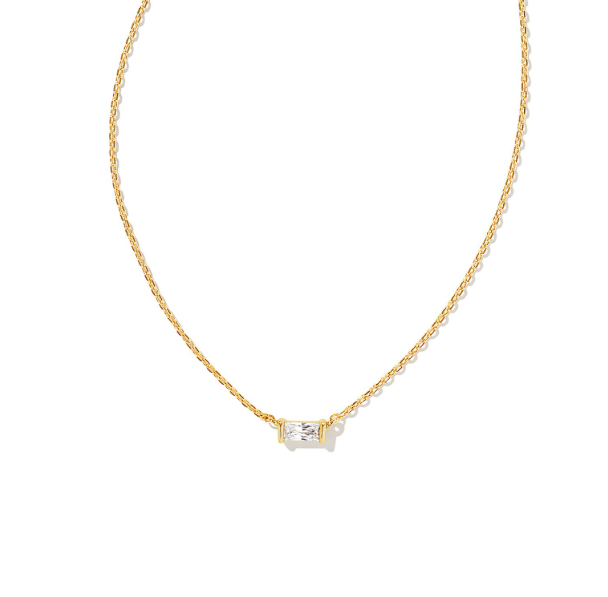 Gold necklace with a small diamond pendant on a white background