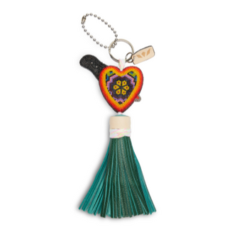 Colorful heart-shaped keychain with tassel on a white background