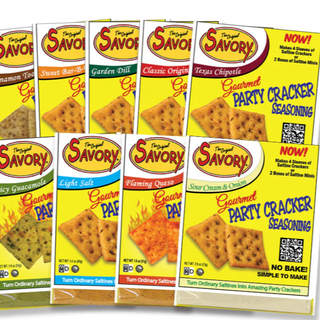 Assorted packages of Savory Gourmet Party Cracker Seasoning on a white background