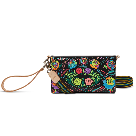 Colorful floral patterned wallet with wrist strap on a white background