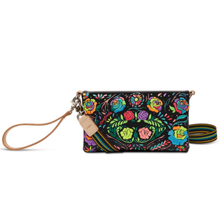 Colorful floral patterned wallet with wrist strap on a white background